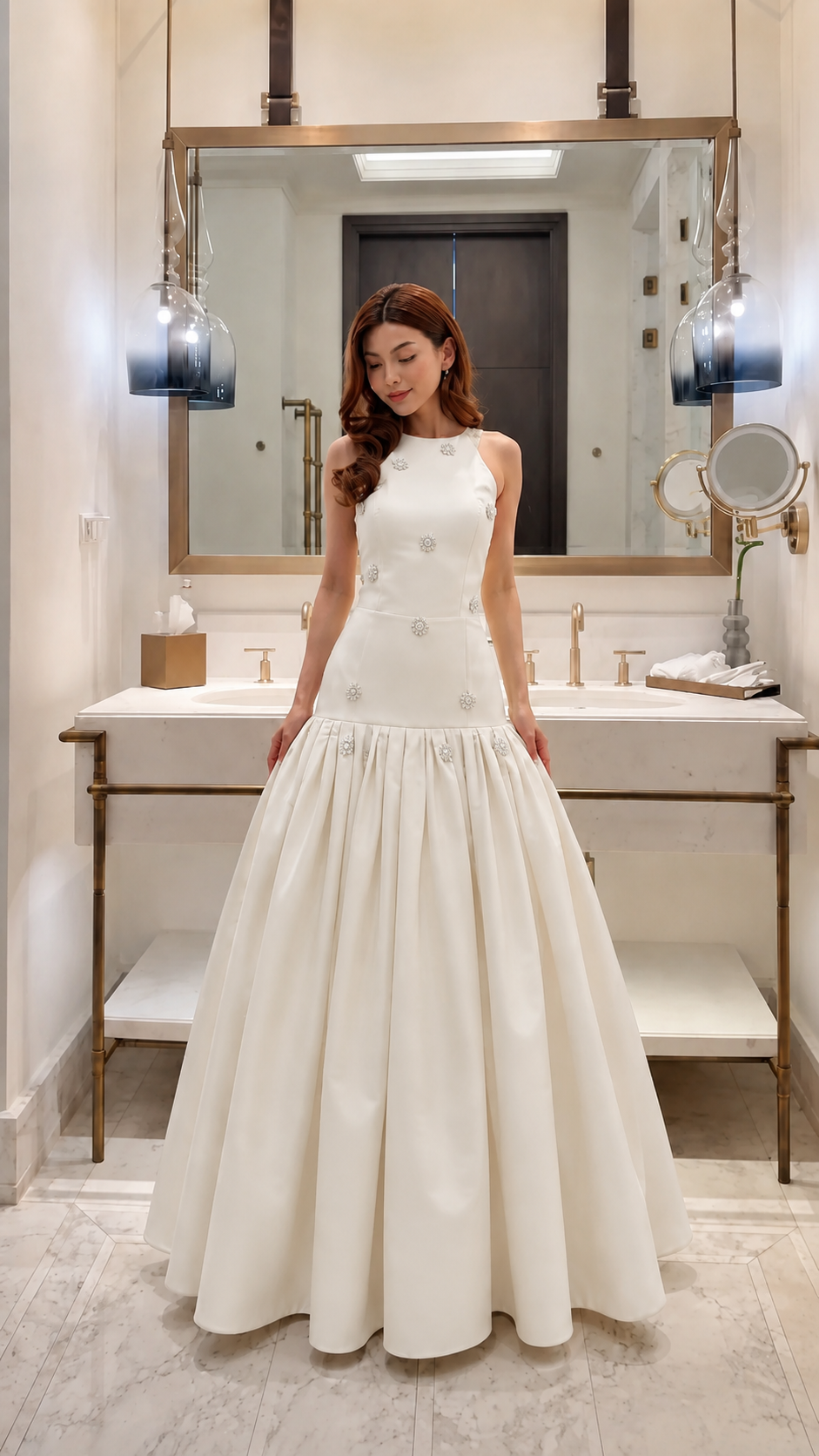 Embellished Drop-Waist Pleated Maxi Gown
