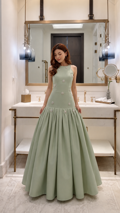 Embellished Drop-Waist Pleated Maxi Gown