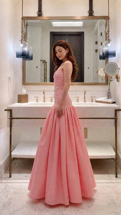 Embellished Drop-Waist Pleated Maxi Gown