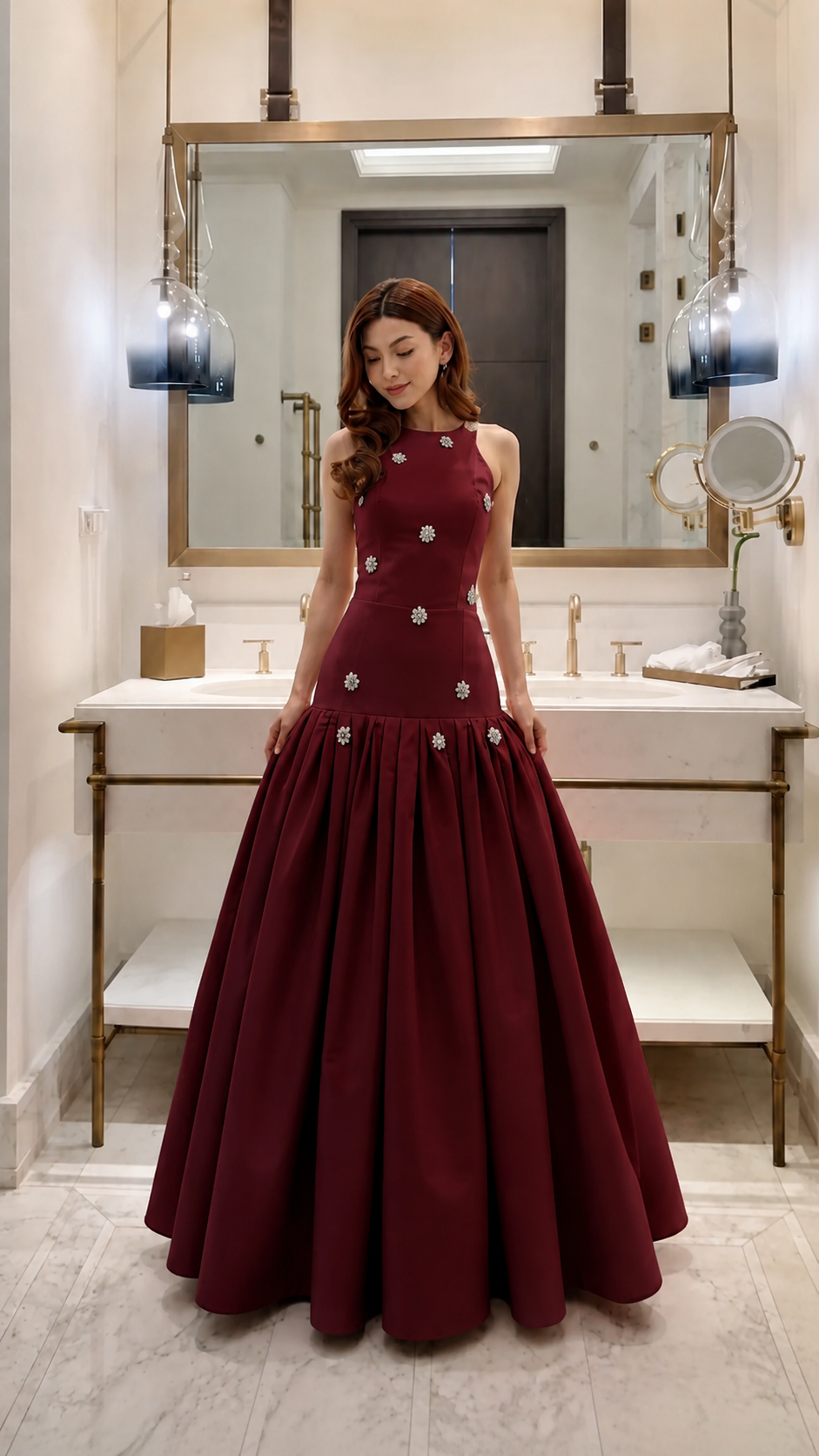 Embellished Drop-Waist Pleated Maxi Gown