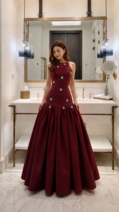 Embellished Drop-Waist Pleated Maxi Gown