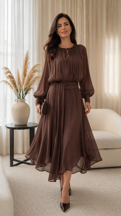 Pleated Chiffon Midi Dress with Waist Sash