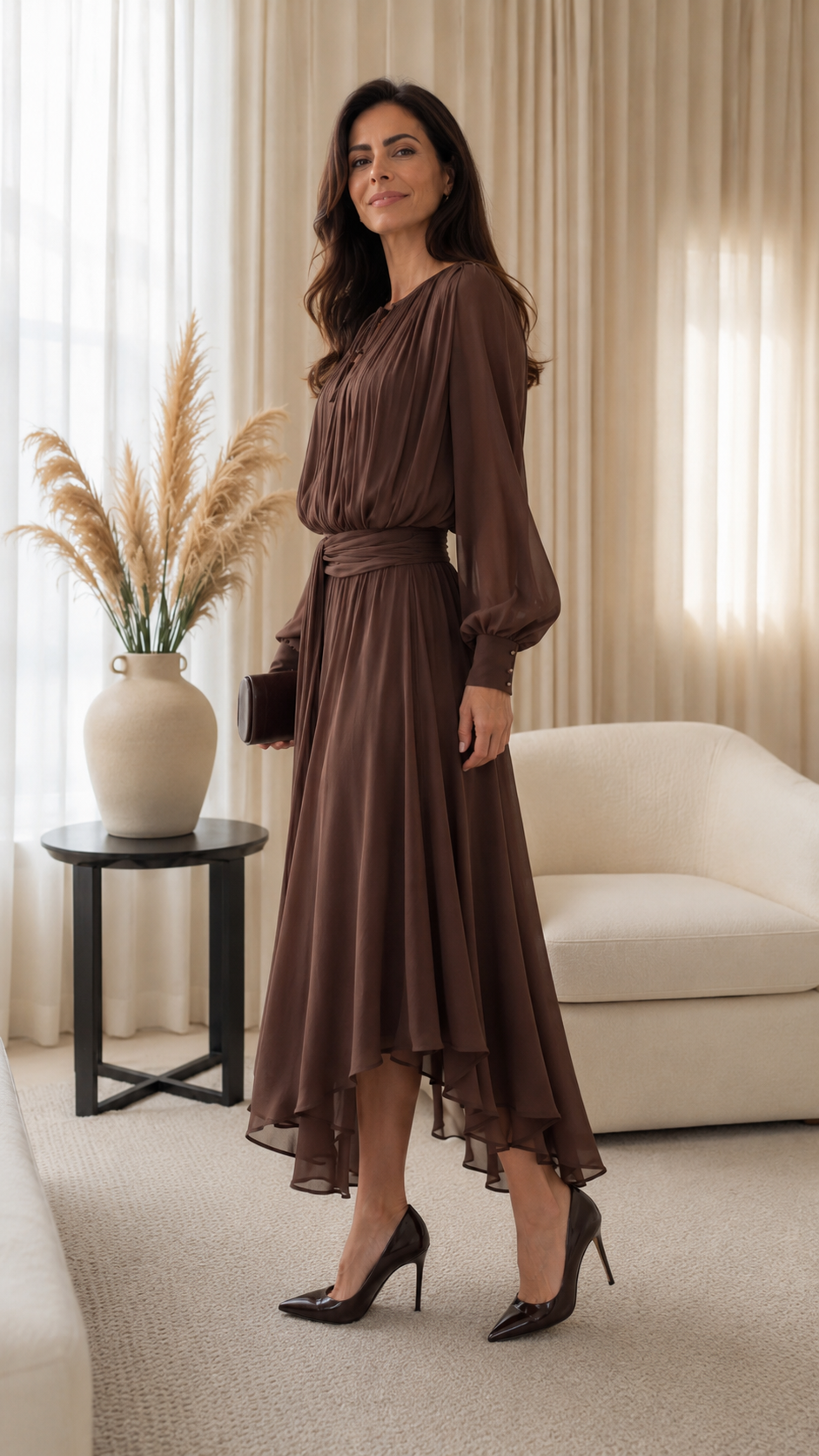 Pleated Chiffon Midi Dress with Waist Sash