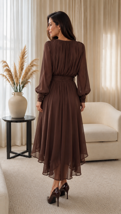 Pleated Chiffon Midi Dress with Waist Sash
