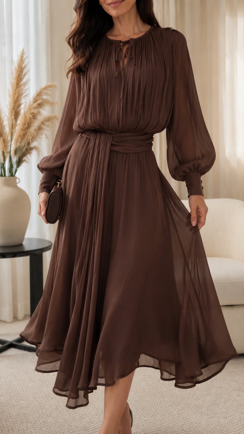 Pleated Chiffon Midi Dress with Waist Sash