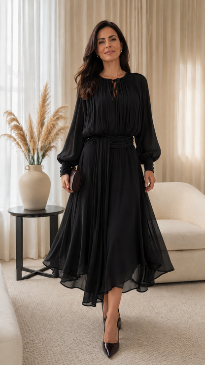 Pleated Chiffon Midi Dress with Waist Sash