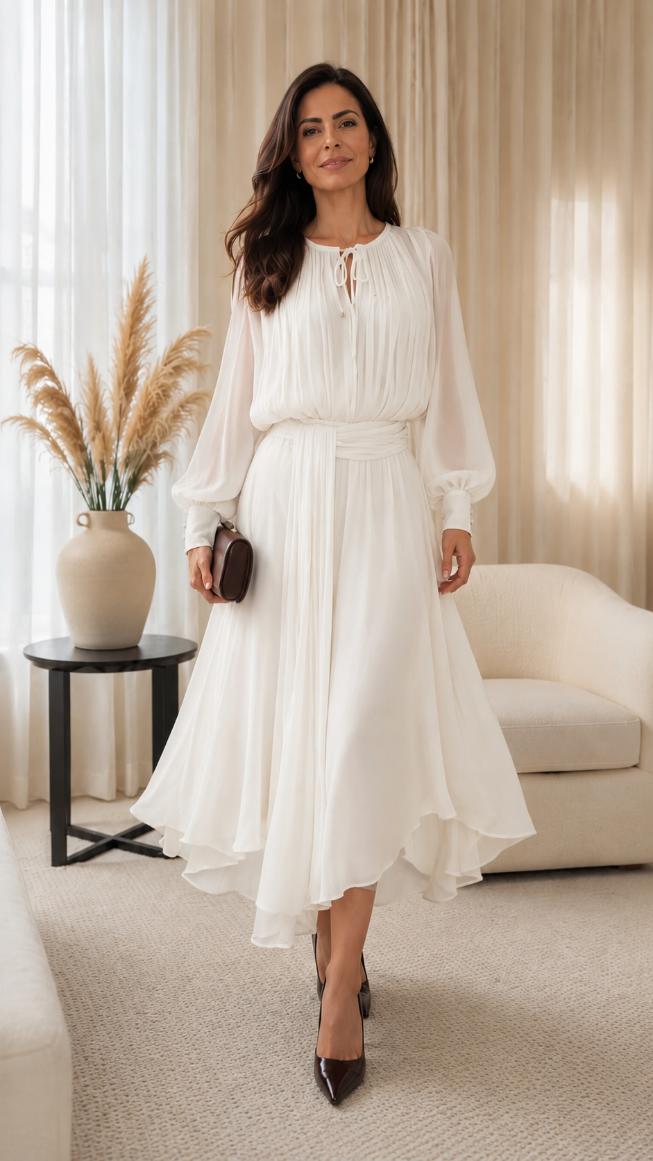 Pleated Chiffon Midi Dress with Waist Sash