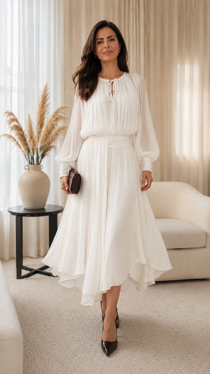 Pleated Chiffon Midi Dress with Waist Sash
