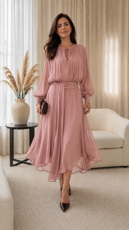Pleated Chiffon Midi Dress with Waist Sash