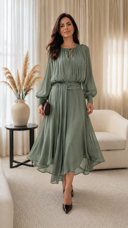 Pleated Chiffon Midi Dress with Waist Sash