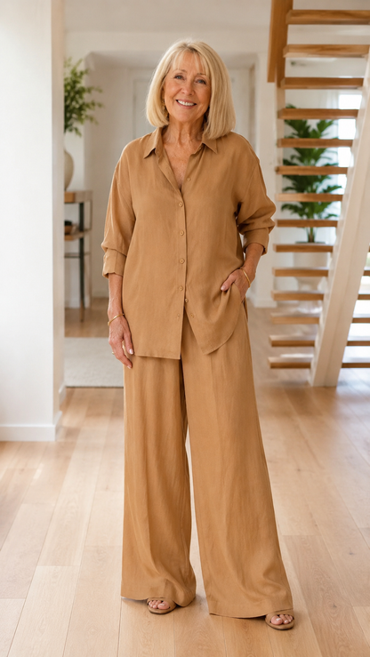 Relaxed Button-Up Shirt & Wide-Leg Pants Set