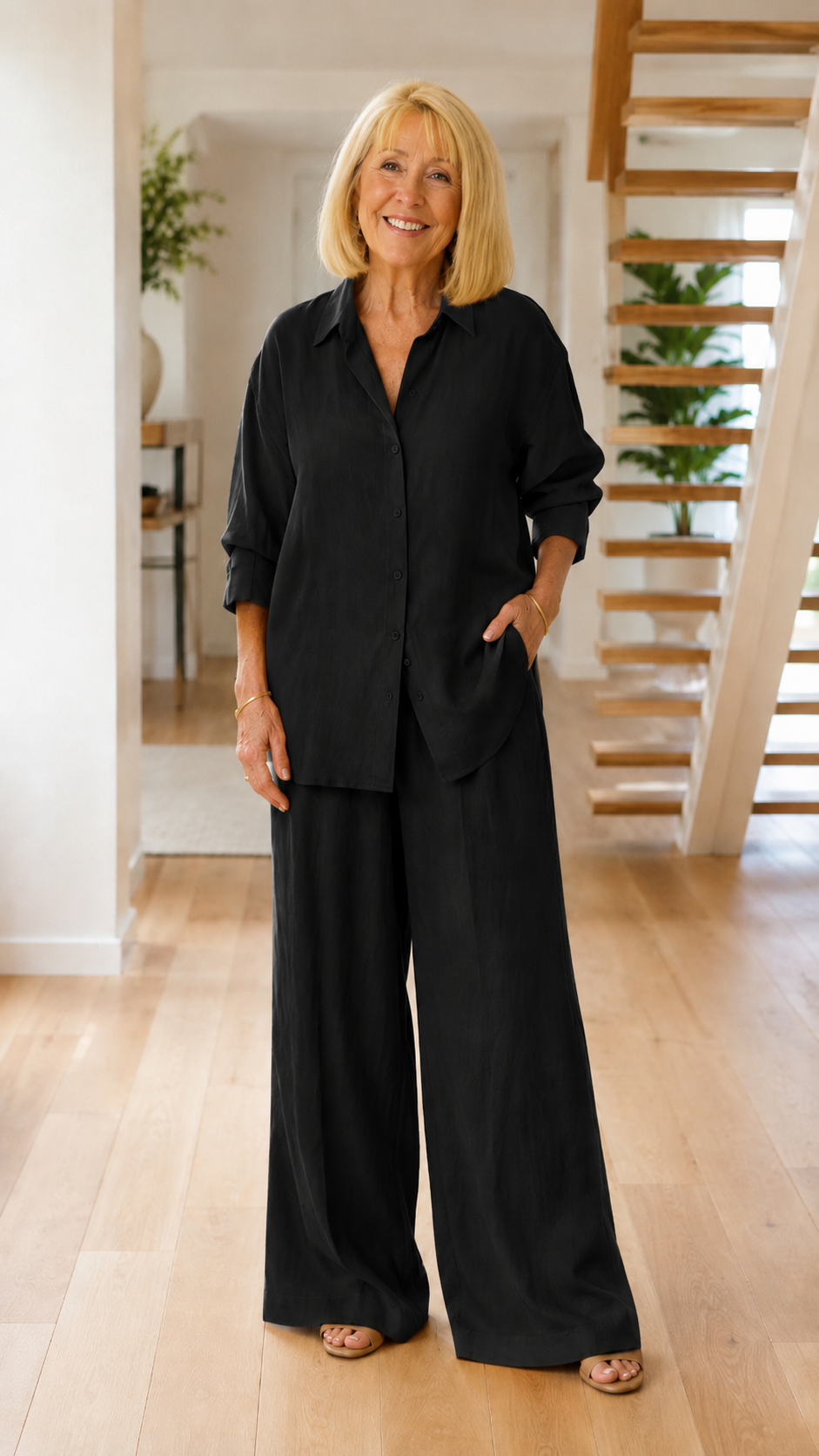Relaxed Button-Up Shirt & Wide-Leg Pants Set