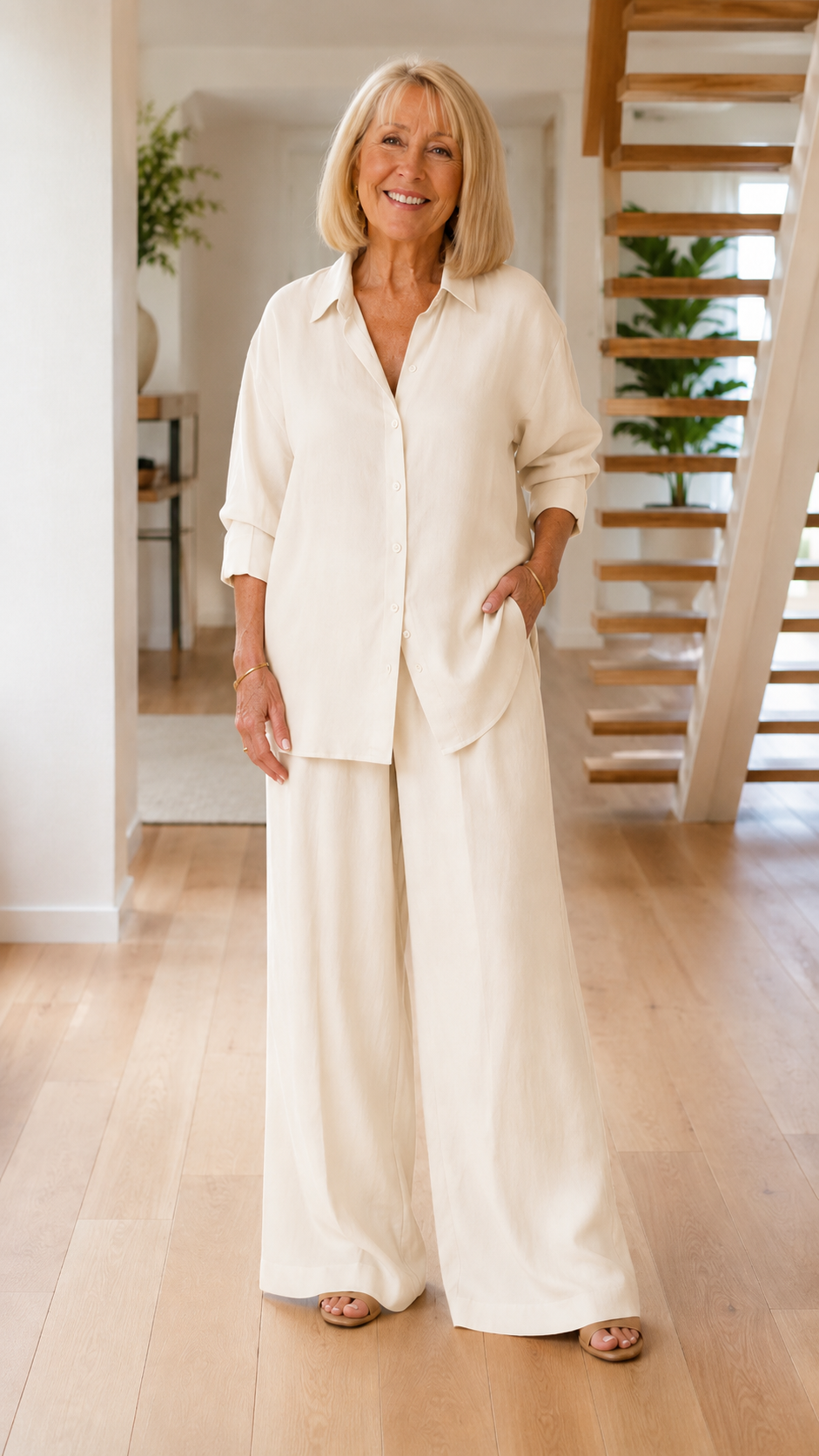 Relaxed Button-Up Shirt & Wide-Leg Pants Set