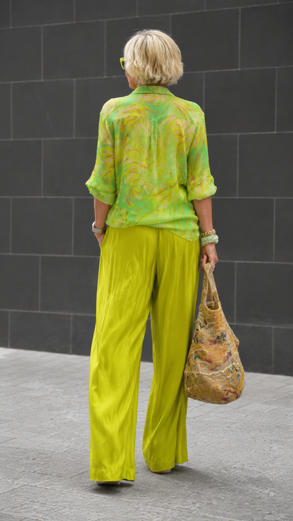 Printed Button-Up Blouse & Draped Wide-Leg Pants Set