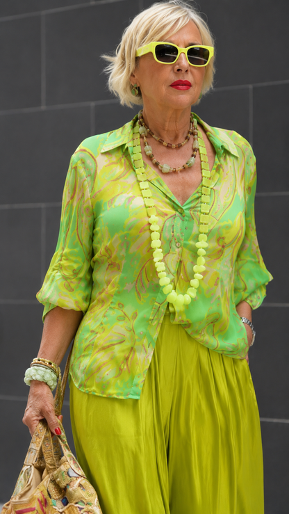 Printed Button-Up Blouse & Draped Wide-Leg Pants Set