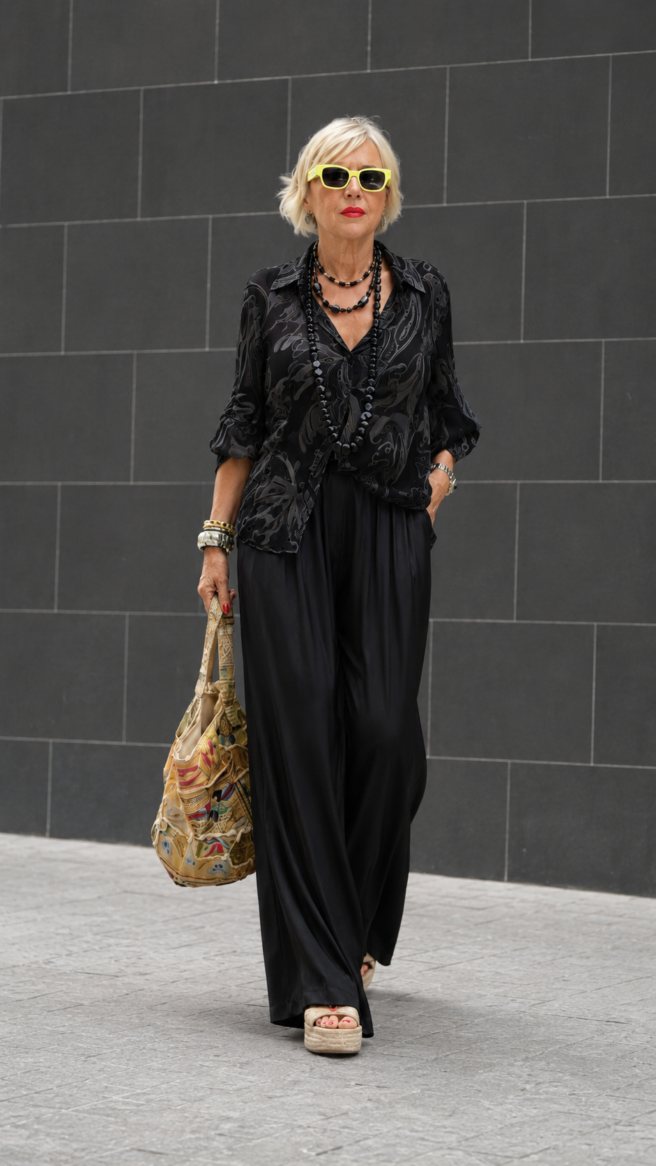 Printed Button-Up Blouse & Draped Wide-Leg Pants Set