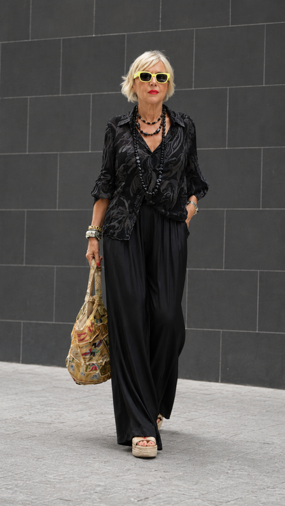 Printed Button-Up Blouse & Draped Wide-Leg Pants Set