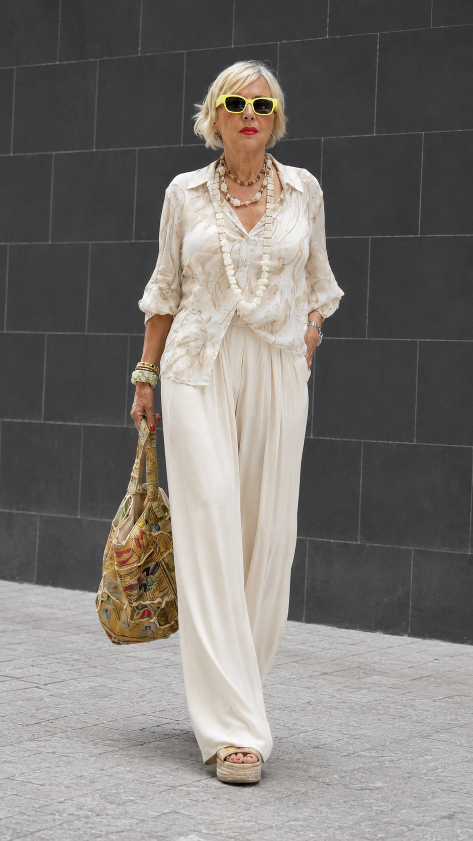 Printed Button-Up Blouse & Draped Wide-Leg Pants Set