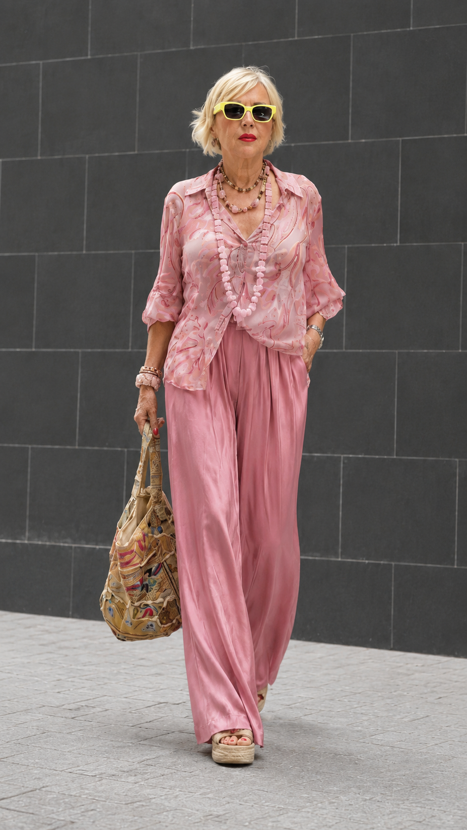 Printed Button-Up Blouse & Draped Wide-Leg Pants Set
