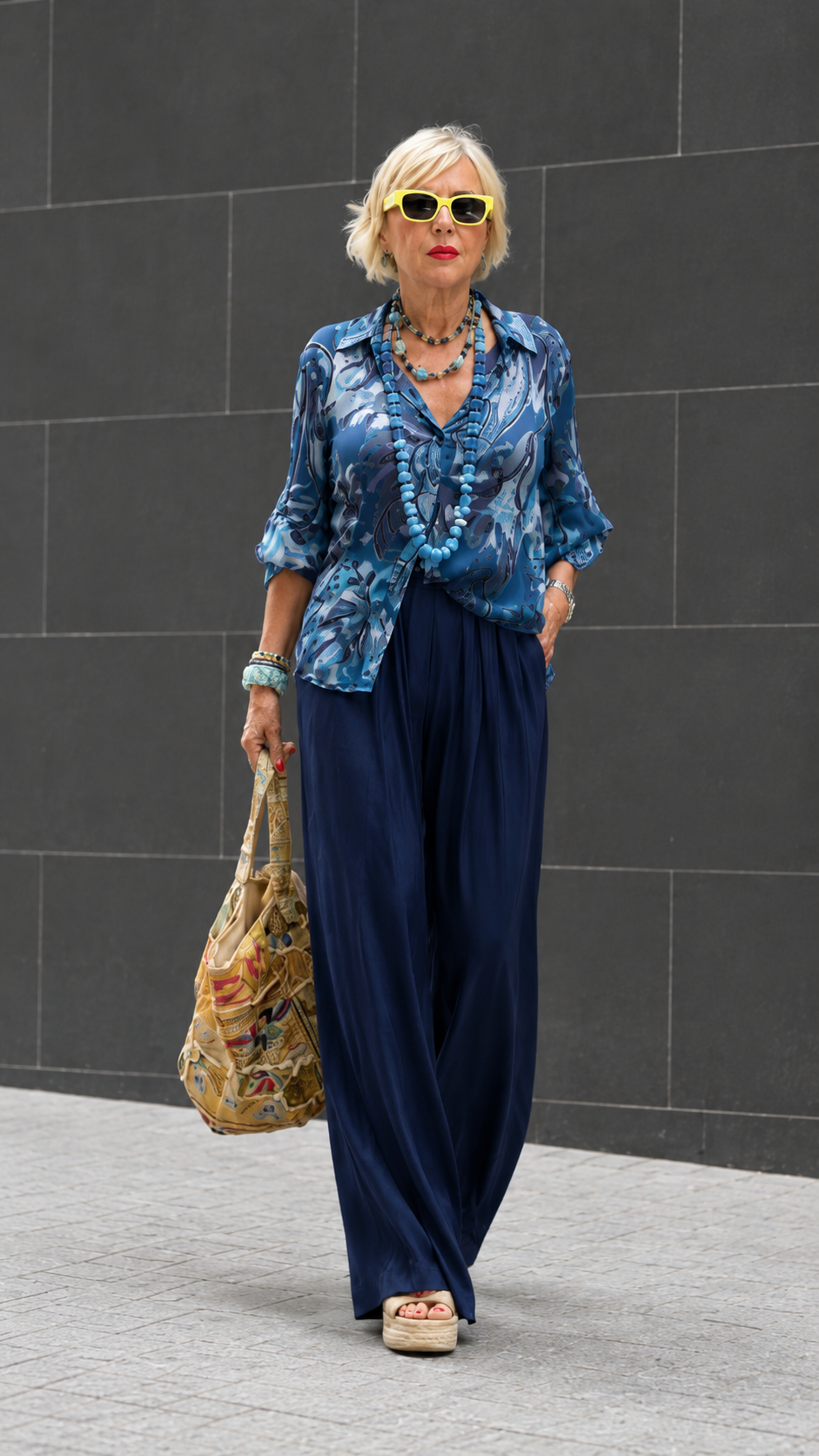 Printed Button-Up Blouse & Draped Wide-Leg Pants Set