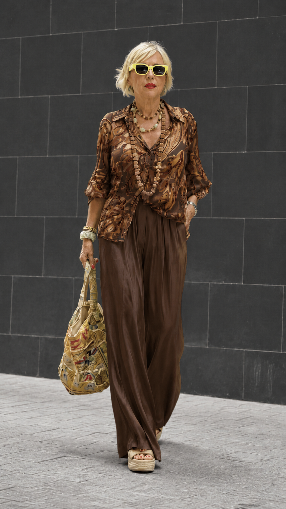 Printed Button-Up Blouse & Draped Wide-Leg Pants Set