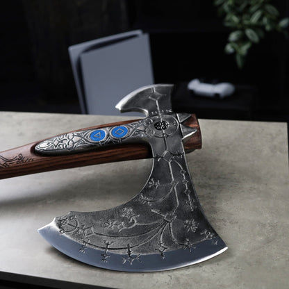 Hand-forged "Ragnarok Kratos axe" with carved handle and Glow-in-the-Dark Runes