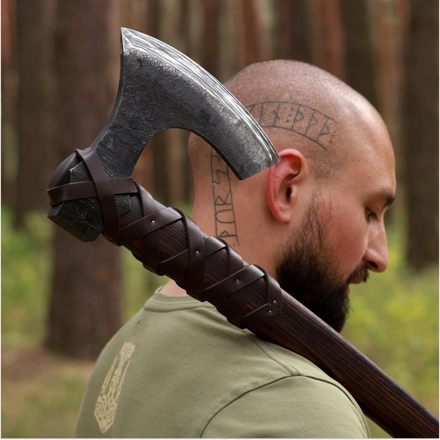Viking long axe "Ragnvald" with carving handle and leather wrap