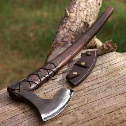 Viking long axe "Ragnvald" with carving handle and leather wrap
