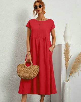 European And American Solid Color Sleeveless Loose Cotton Linen Pocket Dress