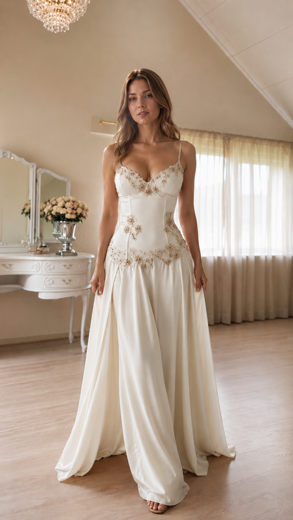 romantic embellished satin maxi dress