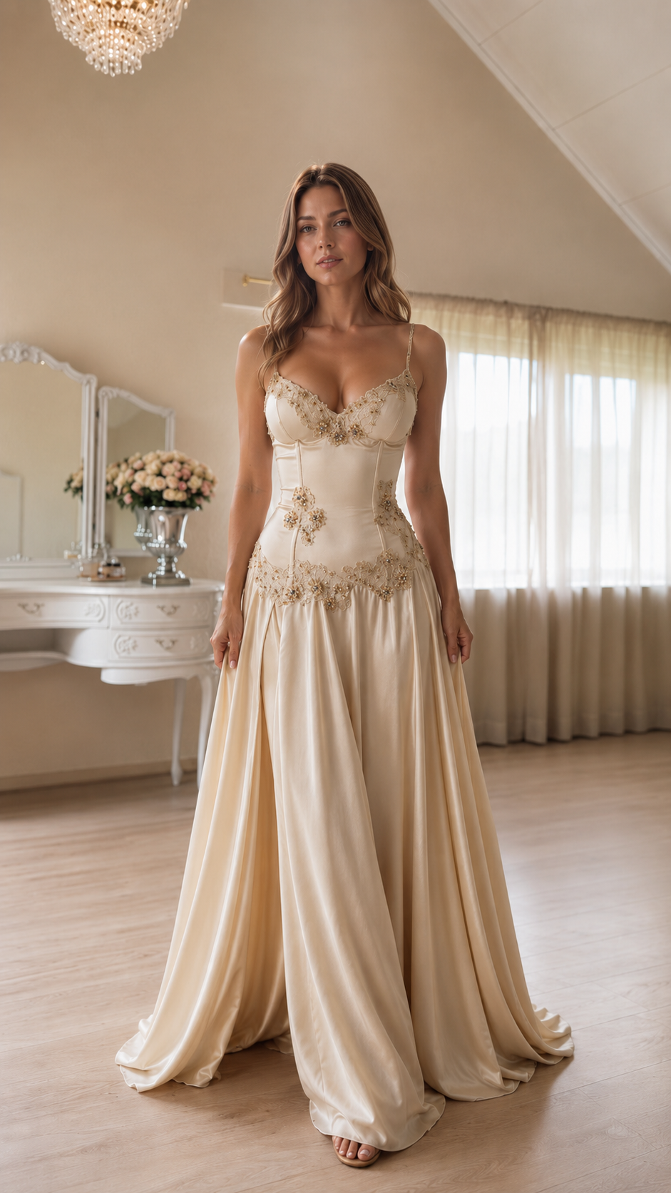 romantic embellished satin maxi dress
