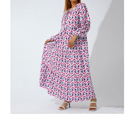 Summer Women's Vintage Printed Bohemian Dress Elegant Ladies Casual Loose V-Neck Short Sleeve Long Dresses