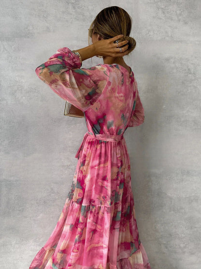 Long-sleeved Floral Print Dress Elegant V-neck Pleated High-waisted Big Swing Chiffon Maxi Dresses For Women Clothing