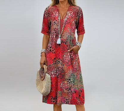 Summer V-neck Half-sleeved Dress With Pockets Fashion Ethnic Print Dresses Beach Holiday Clothing For Women