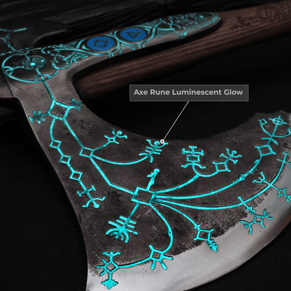 Hand-forged "Ragnarok Kratos axe" with carved handle and Glow-in-the-Dark Runes