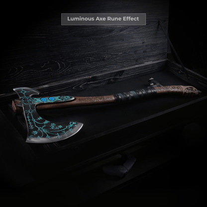 Hand-forged "Ragnarok Kratos axe" with carved handle and Glow-in-the-Dark Runes
