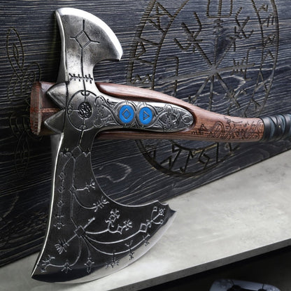 Hand-forged "Ragnarok Kratos axe" with carved handle and Glow-in-the-Dark Runes