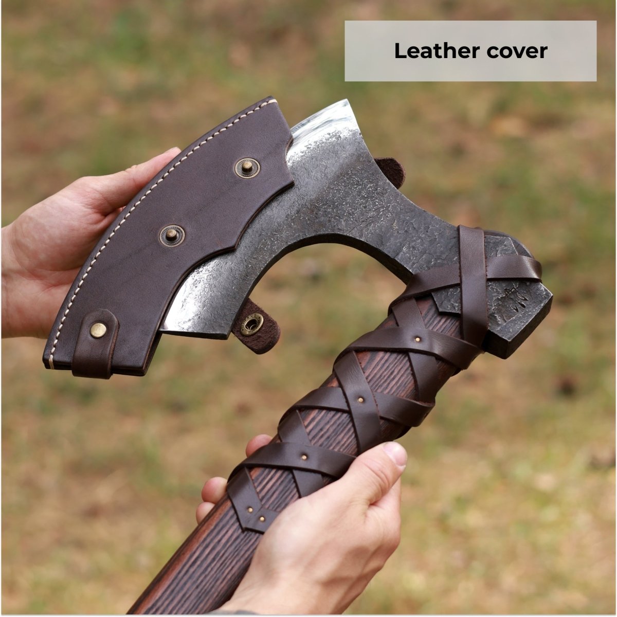 Viking long axe "Ragnvald" with carving handle and leather wrap
